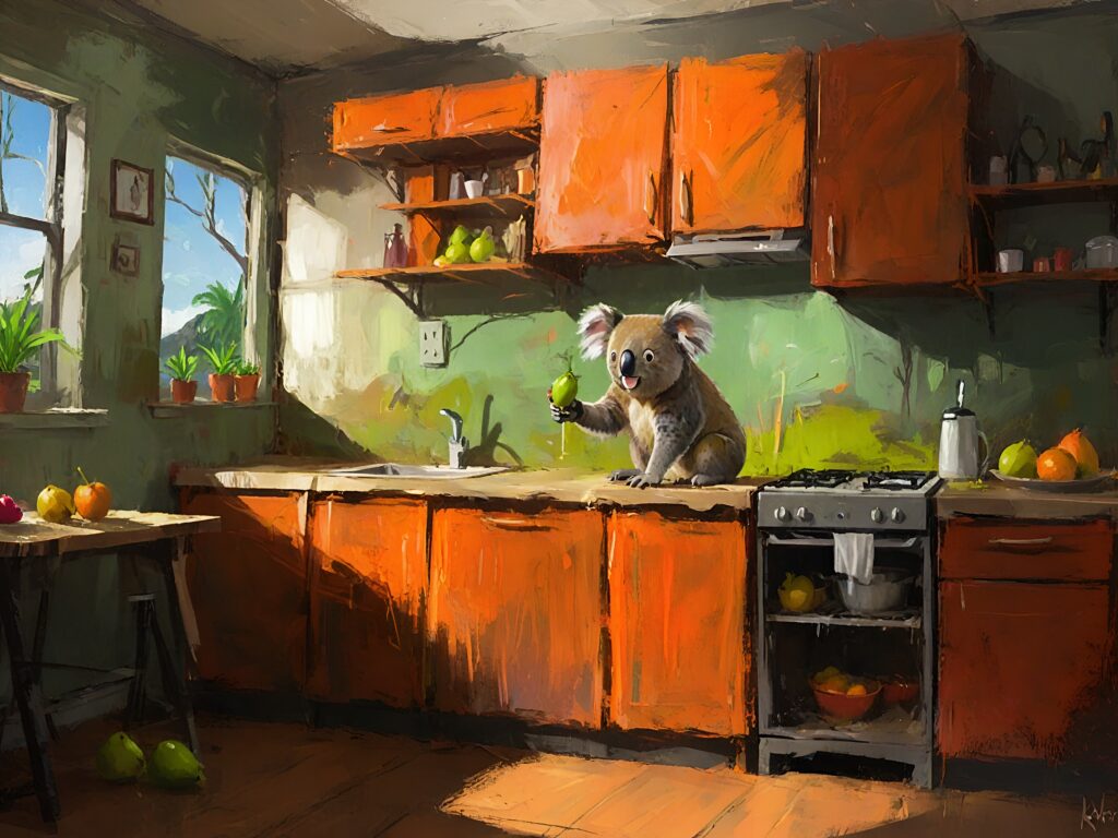 A Koala keeps their kiwis in the kitchen cabinet